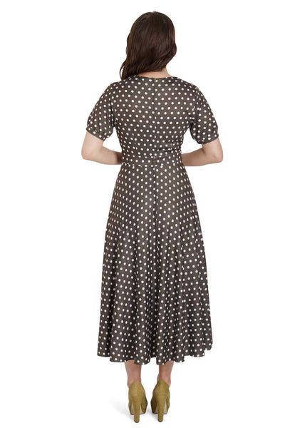 Model photo front view of 50s Style Brown Polka Dot Day Dress