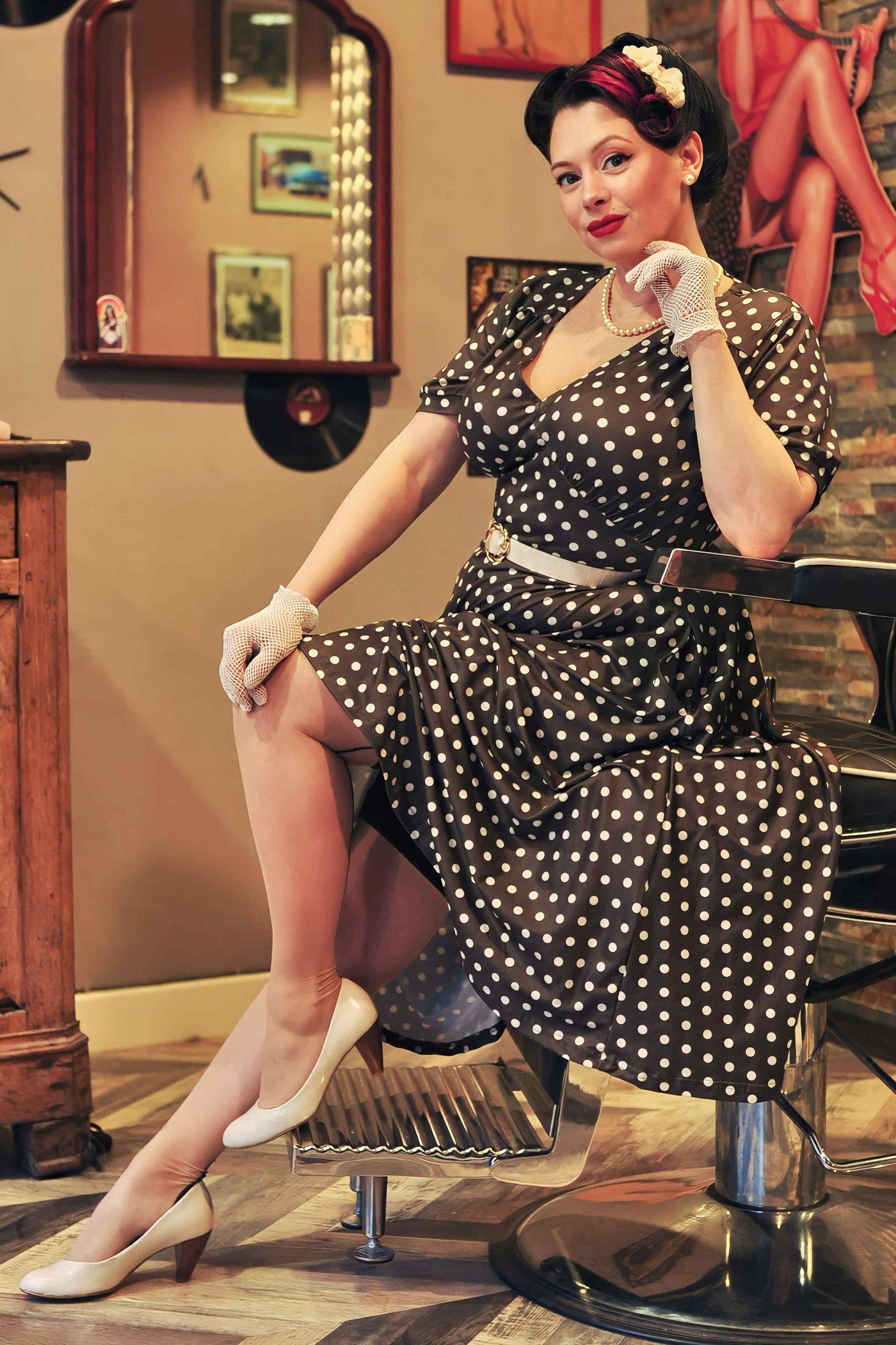 Model photo front view of 50s Style Brown Polka Dot Day Dress