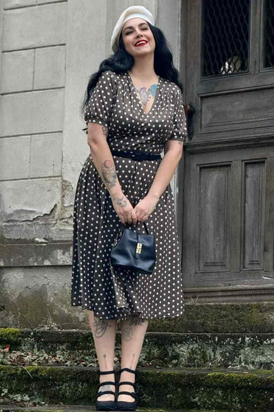 Model photo front view of 50s Style Brown Polka Dot Day Dress