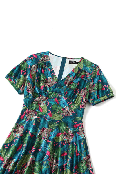 Top view of our short sleeved midi dress in tropical jungle cheetah print