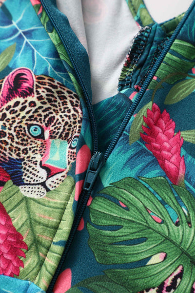 Zip view of our short sleeved midi dress in tropical jungle cheetah print