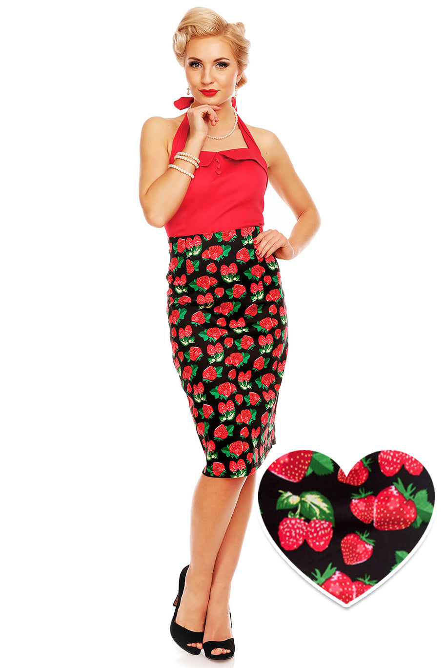 50s Style Pencil Skirt in Black Strawberry