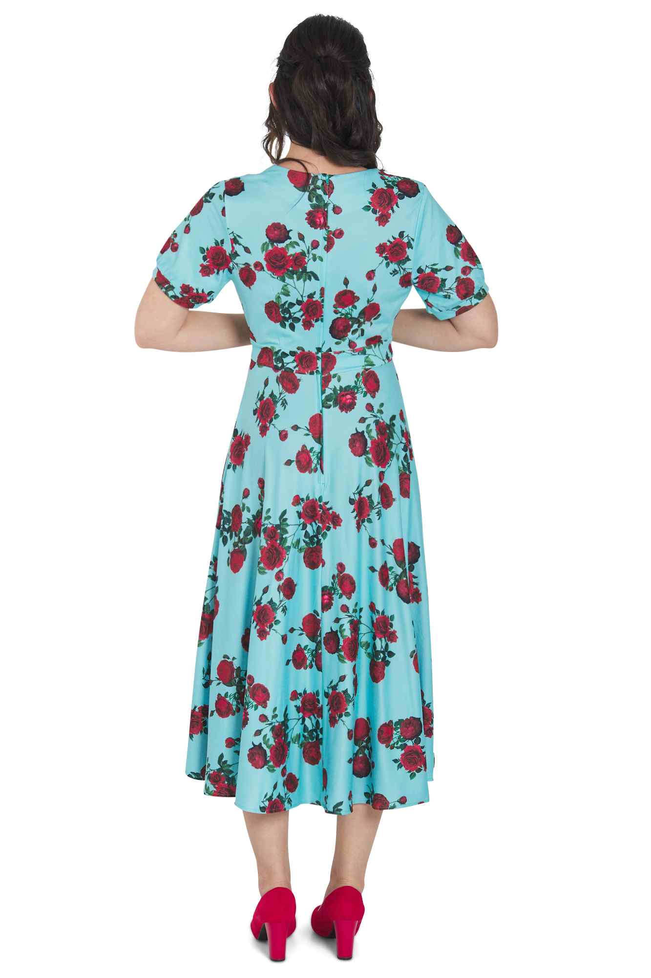 Model wearing 50s Style Red Rose Sleeved Dress in Blue
