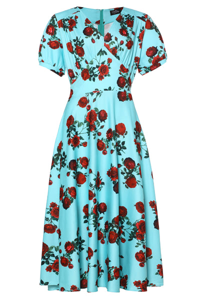 50s Style Red Rose Sleeved Dress in Blue