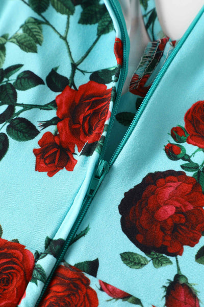50s Style Red Rose Sleeved Dress in Blue