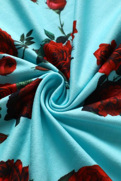 50s Style Red Rose Sleeved Dress in Blue