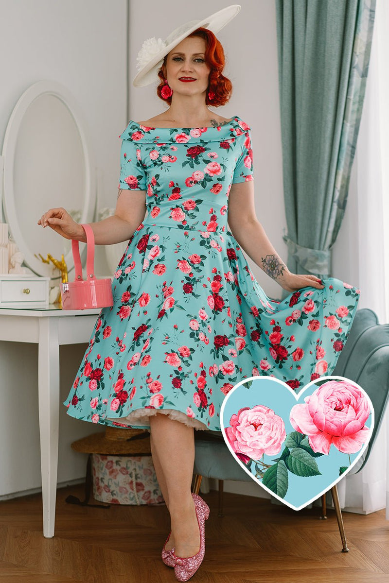Vintage 50's Aqua Blue Floral Print Swing Dress - Main Image