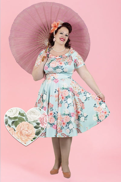 50s Floral Off Shoulder Dress In Mint