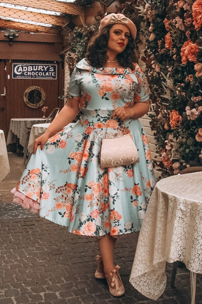 Woman's 50s Floral Off Shoulder Dress In Mint