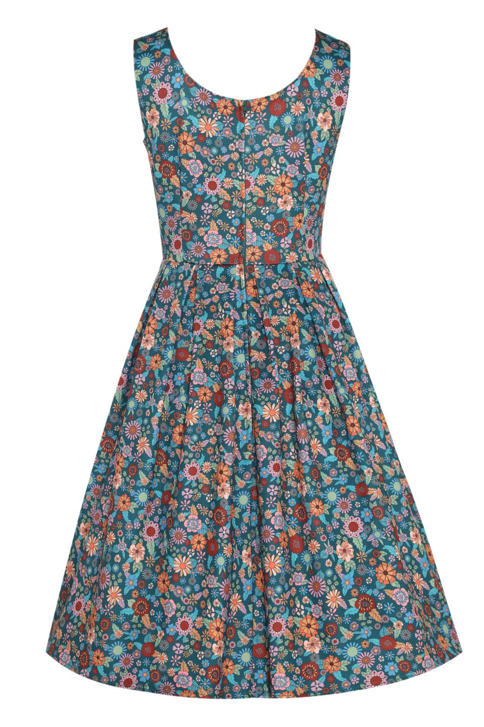 Back view of 70s Floral Swing Dress In Peacock Blue