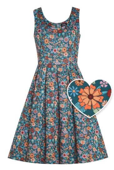 Front view of 70s Floral Swing Dress In Peacock Blue