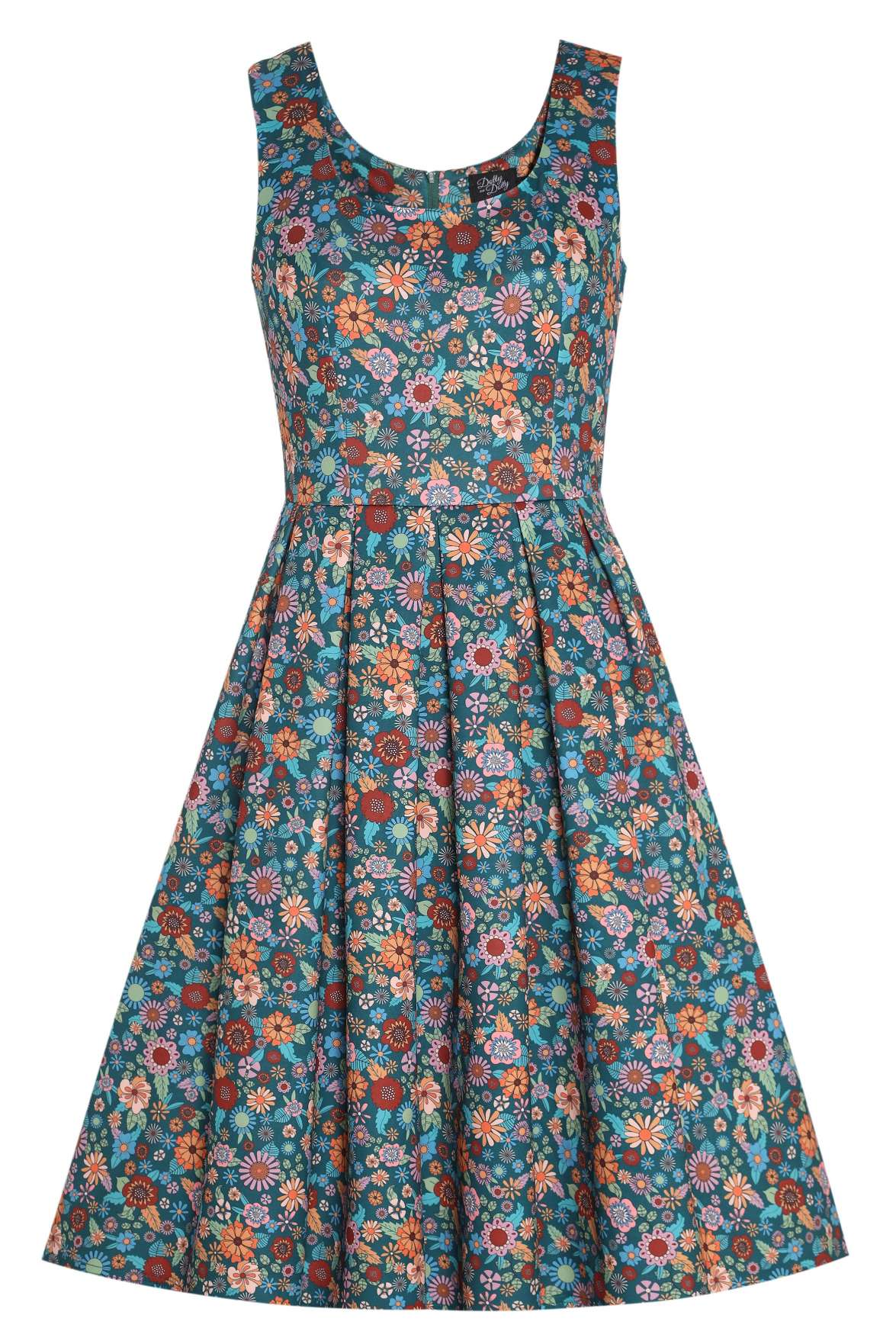 Front view of Amanda 70s Floral Swing Dress In Peacock Blue