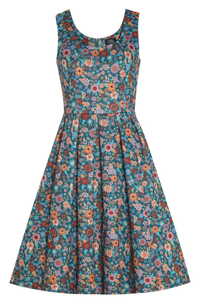 Front view of Amanda 70s Floral Swing Dress In Peacock Blue