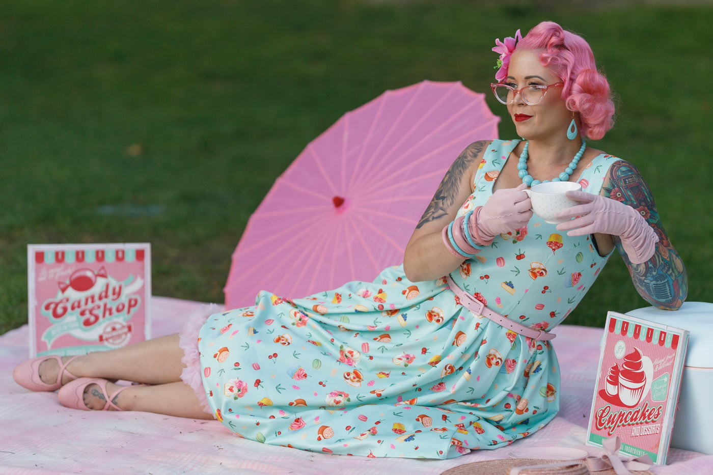 Influencer wears 1950's Tea Dress In Blue Cakes Print