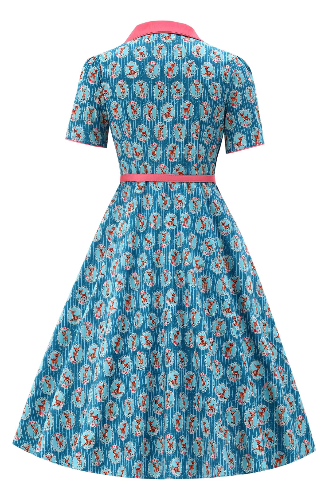 Back view of Baby Deer Midi Shirt Dress In Blue