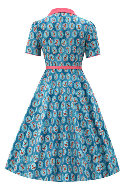Back view of Baby Deer Midi Shirt Dress In Blue