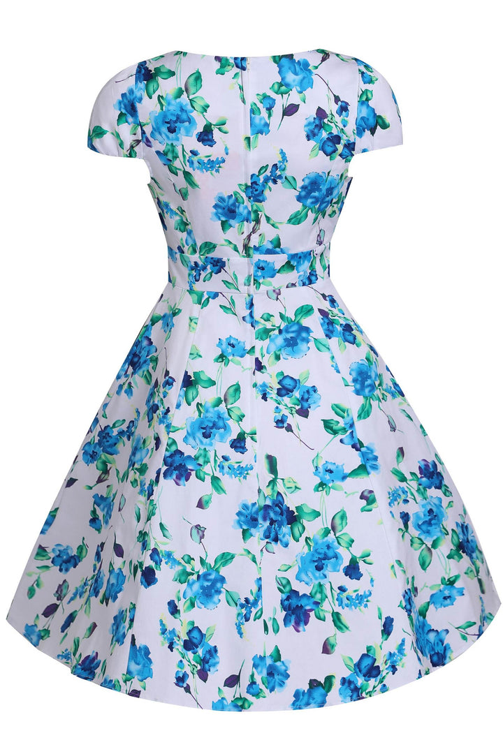 Claudia 50's Fit and Flare Dress in White/Blue Floral Print