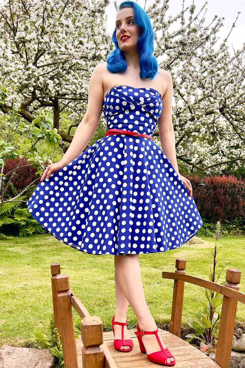 Melissa Bandeau Retro Dress in Navy Blue Polka Dot Print Melissa Bandeau Retro Dress in Navy Blue Polka Dot Print