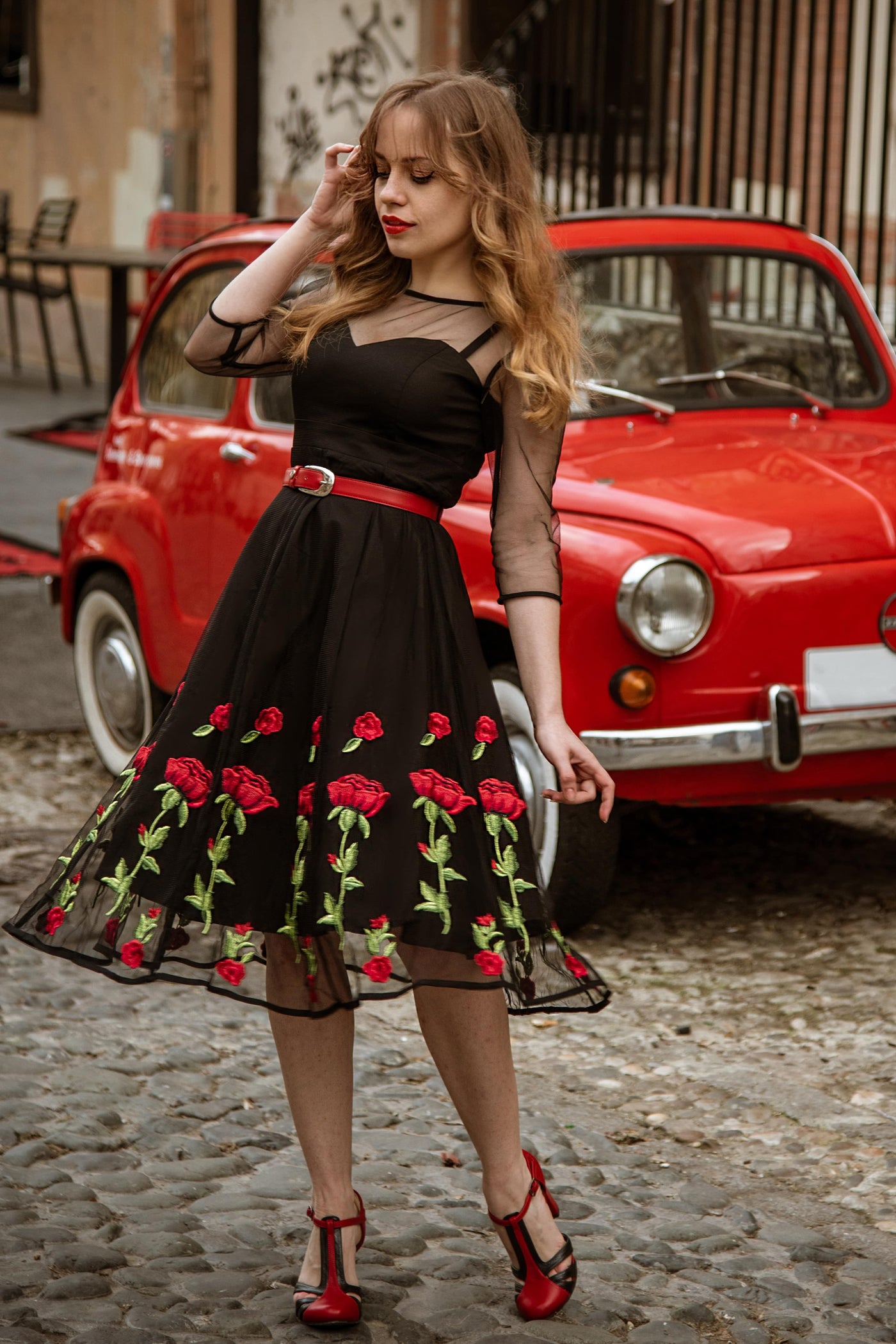 black dress with embroidered red roses Mini Dress Black Dress With Red Rose Print Prom Dresses Red Rose Black Dress With Red