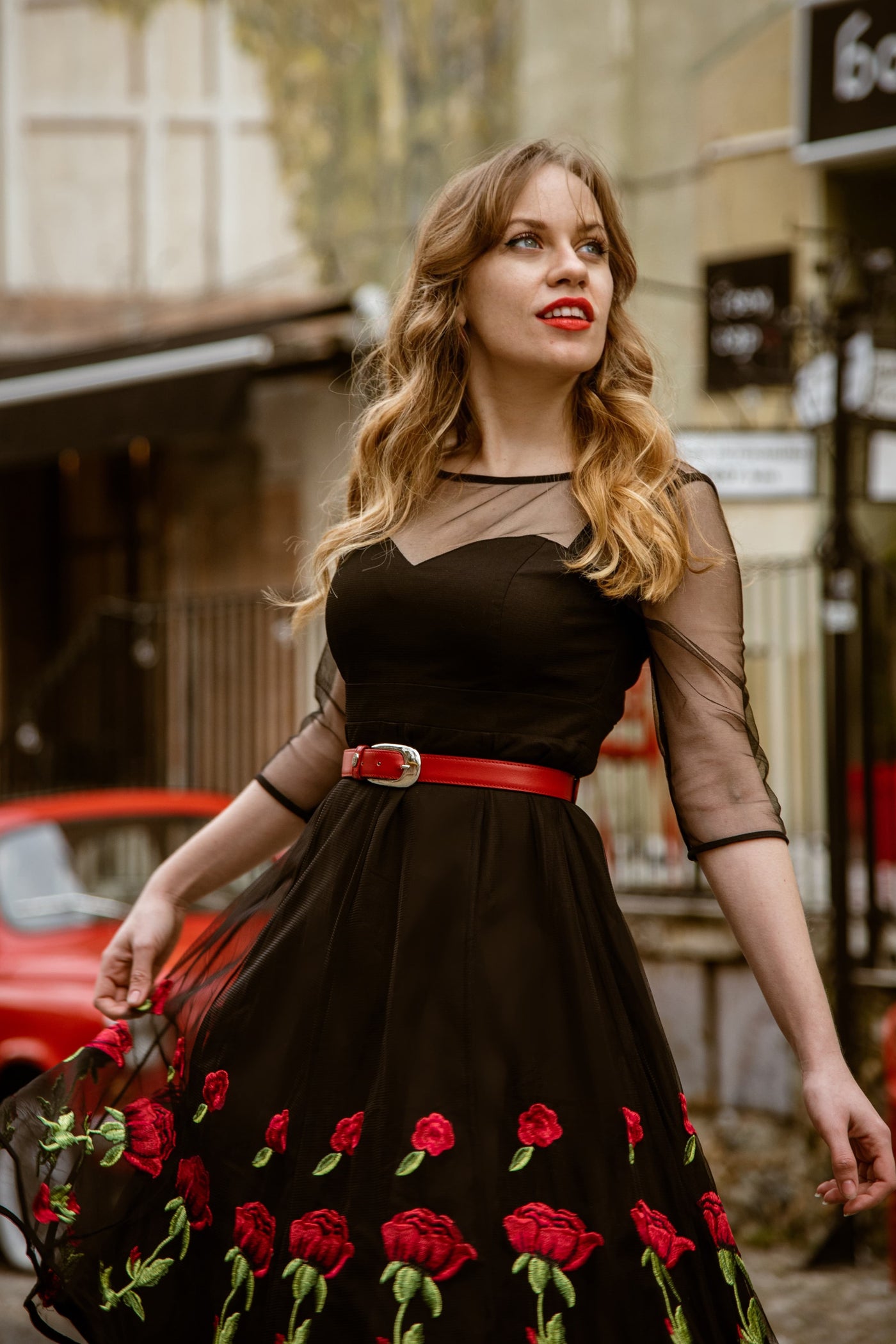 Ruby Black Evening Mesh Dress with Embroidered Roses Ruby Black Evening Mesh Dress with Embroidered Roses