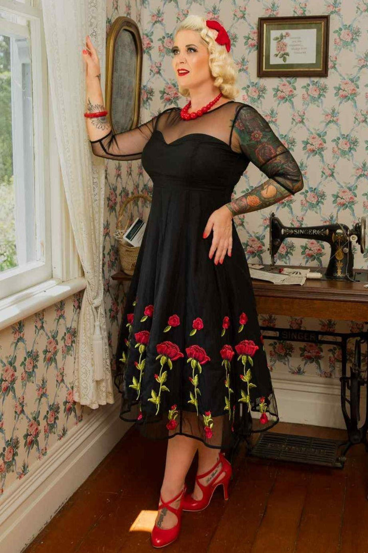 Ruby Black Evening Mesh Dress with Embroidered Roses
