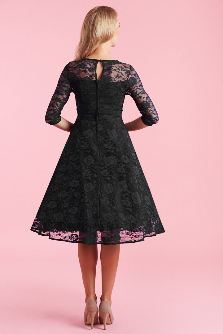 Long Sleeved Mid Calf Formal Lace Dress in Black