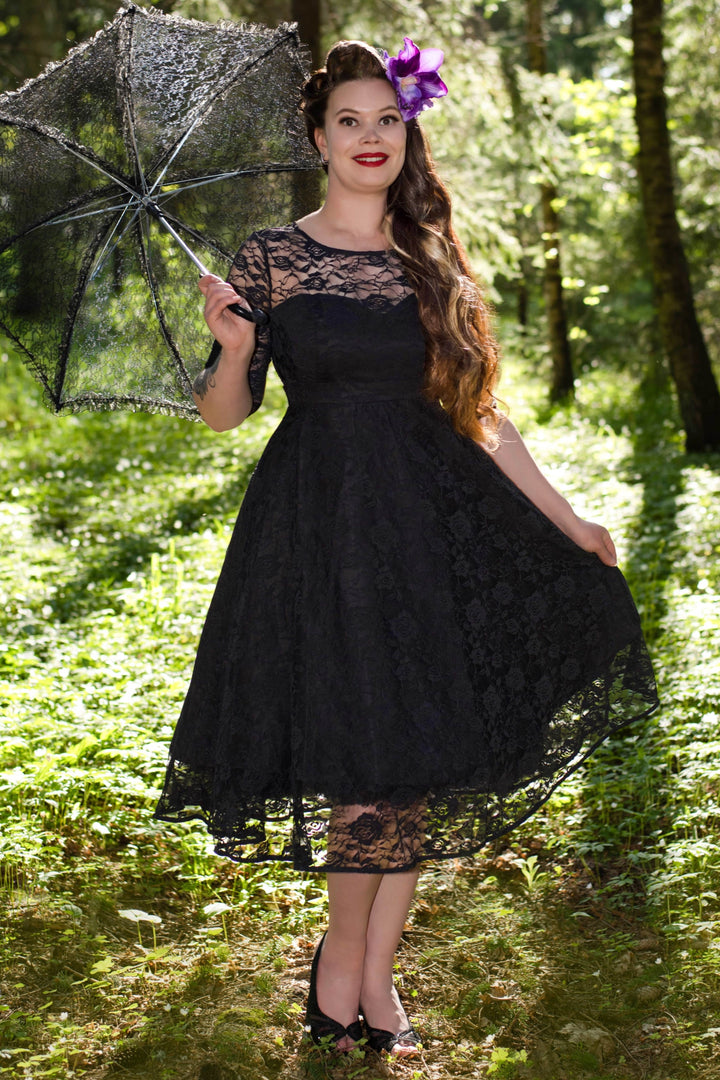 Long Sleeved Mid Calf Formal Lace Dress in Black Long Sleeved Mid Calf Formal Lace Dress in Black