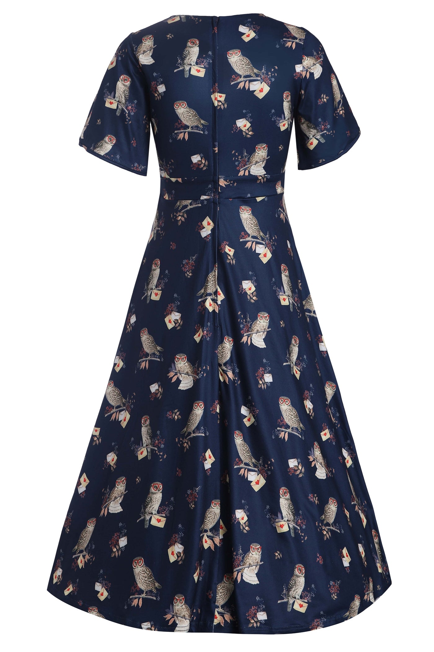 Blue Petal Sleeved Flared Dress In Owl Print