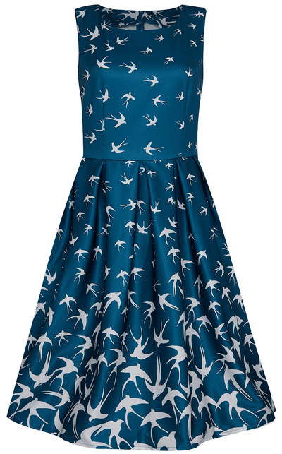 Front view of Blue Swing Dress with Raising Swallow Birds