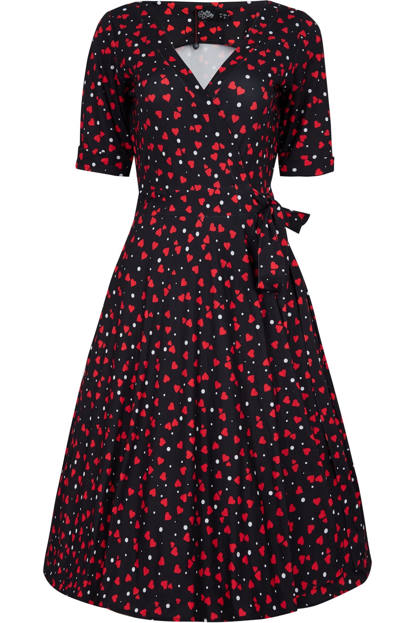 Matilda Casual Wrap Dress in Black/Red Heart Print - Dolly and Dotty Matilda Casual Wrap Dress in Black/Red Heart Print - Dolly and Dotty
