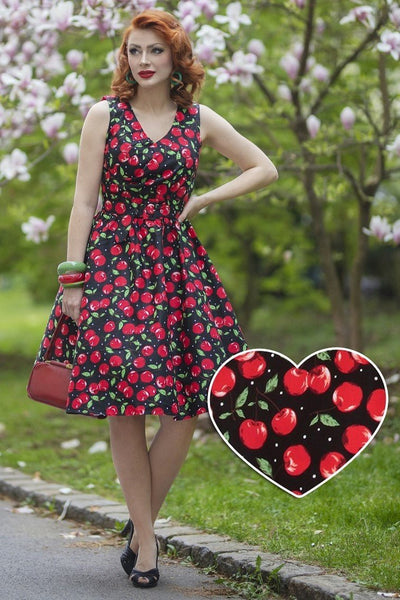 A model wearing Cherry Print V Neck Flared Dress
