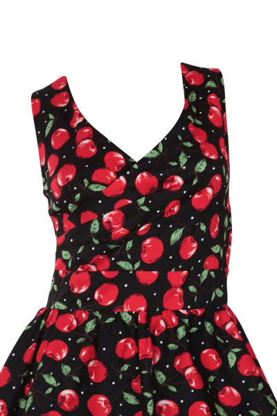 Close up view of Cherry Print V Neck Flared Dress