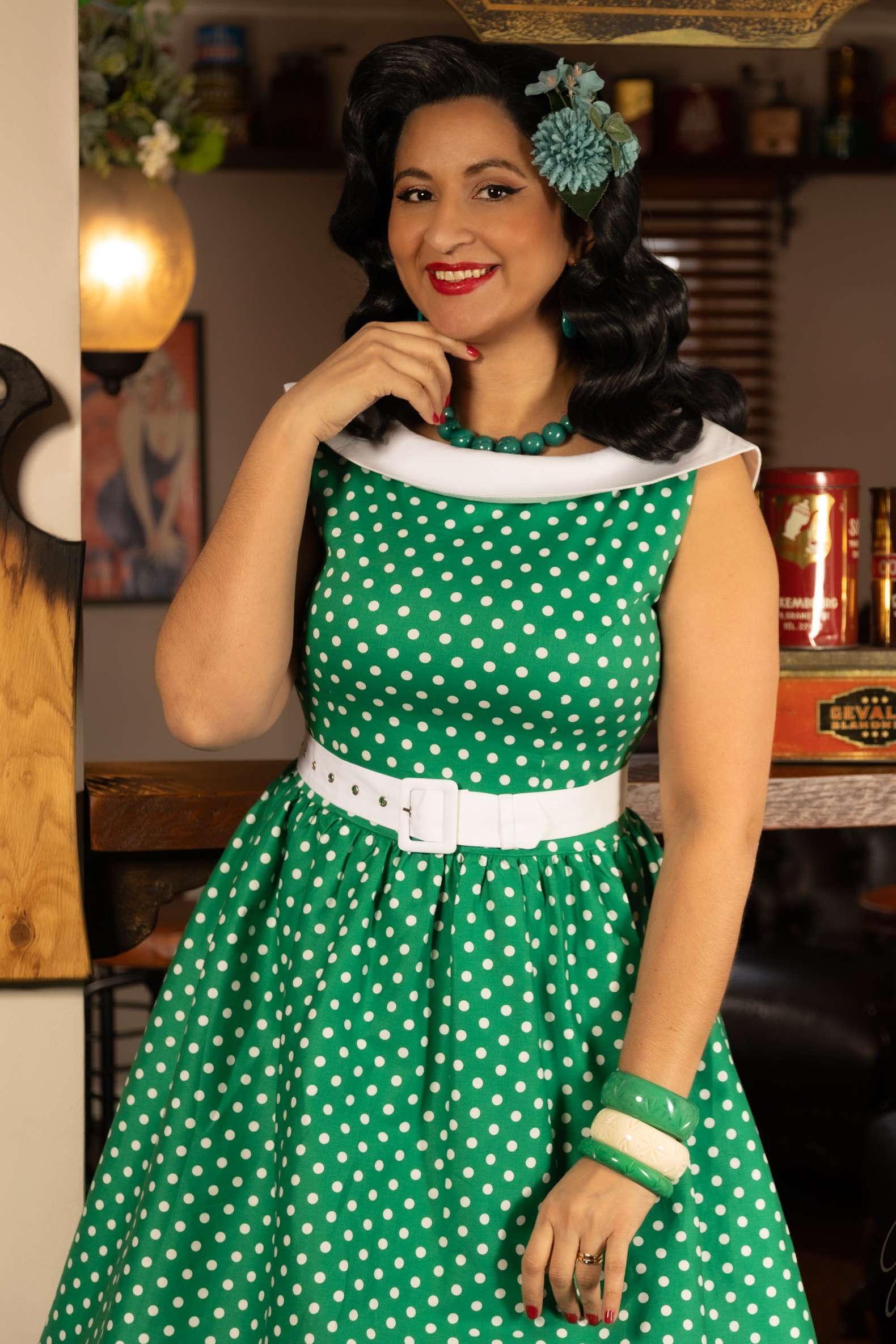 Polka Dot Vintage Dress in Dark Green by Dolly and Dotty