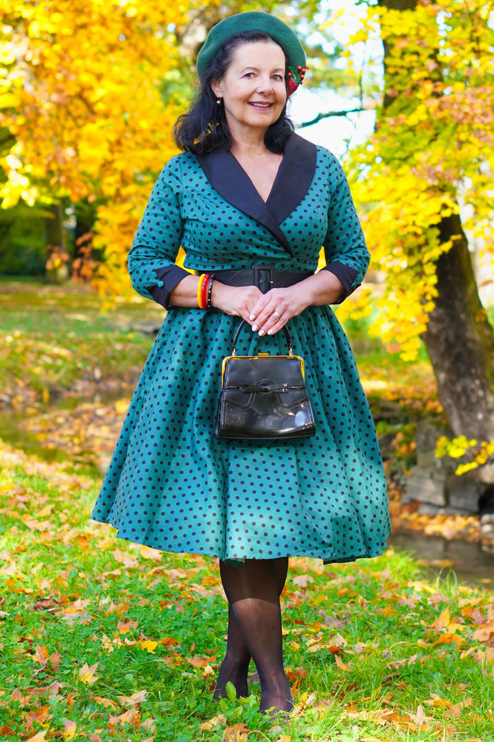 Tiffany Coat Dress in Green & Black Polka Dots