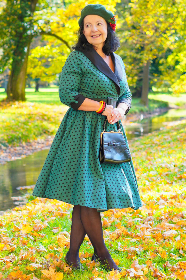 Tiffany Coat Dress in Green & Black Polka Dots Tiffany Coat Dress in Green & Black Polka Dots