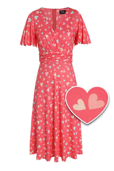 Front View of Coral Heart Crossover Bust Tea Dress