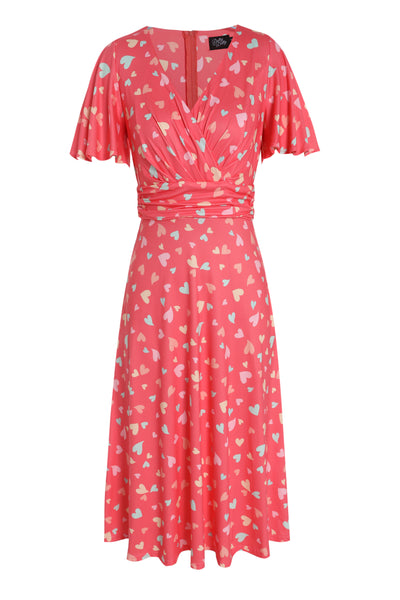 Front view of Coral Heart Crossover Bust Tea Dress
