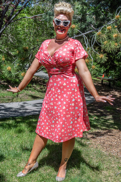 Model photo of Coral Heart Crossover Bust Tea Dress