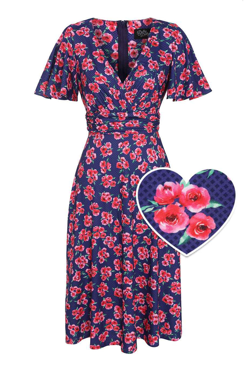 Front view of Dark Blue Floral Tea Dress