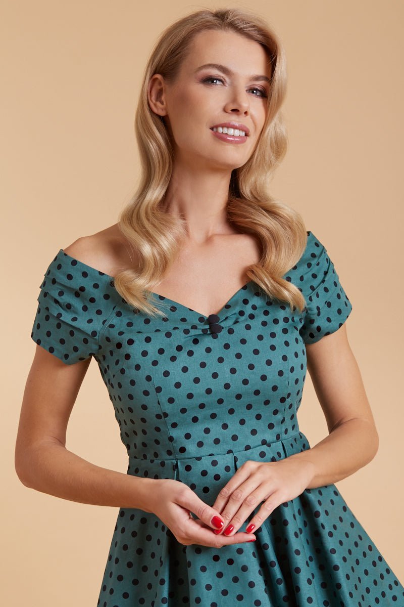 Retro Cotton Dark Green & Black Polka Dot Full Circle Dress close up