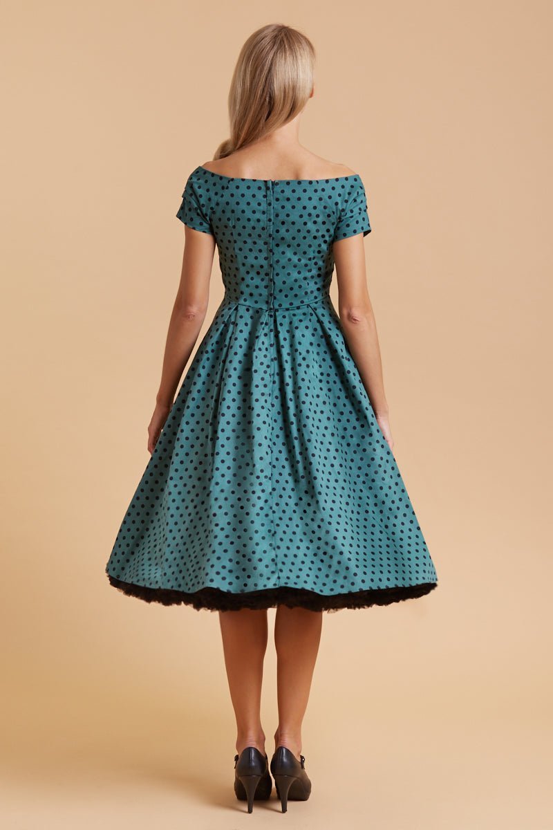 Retro Cotton Dark Green & Black Polka Dot Full Circle Dress back