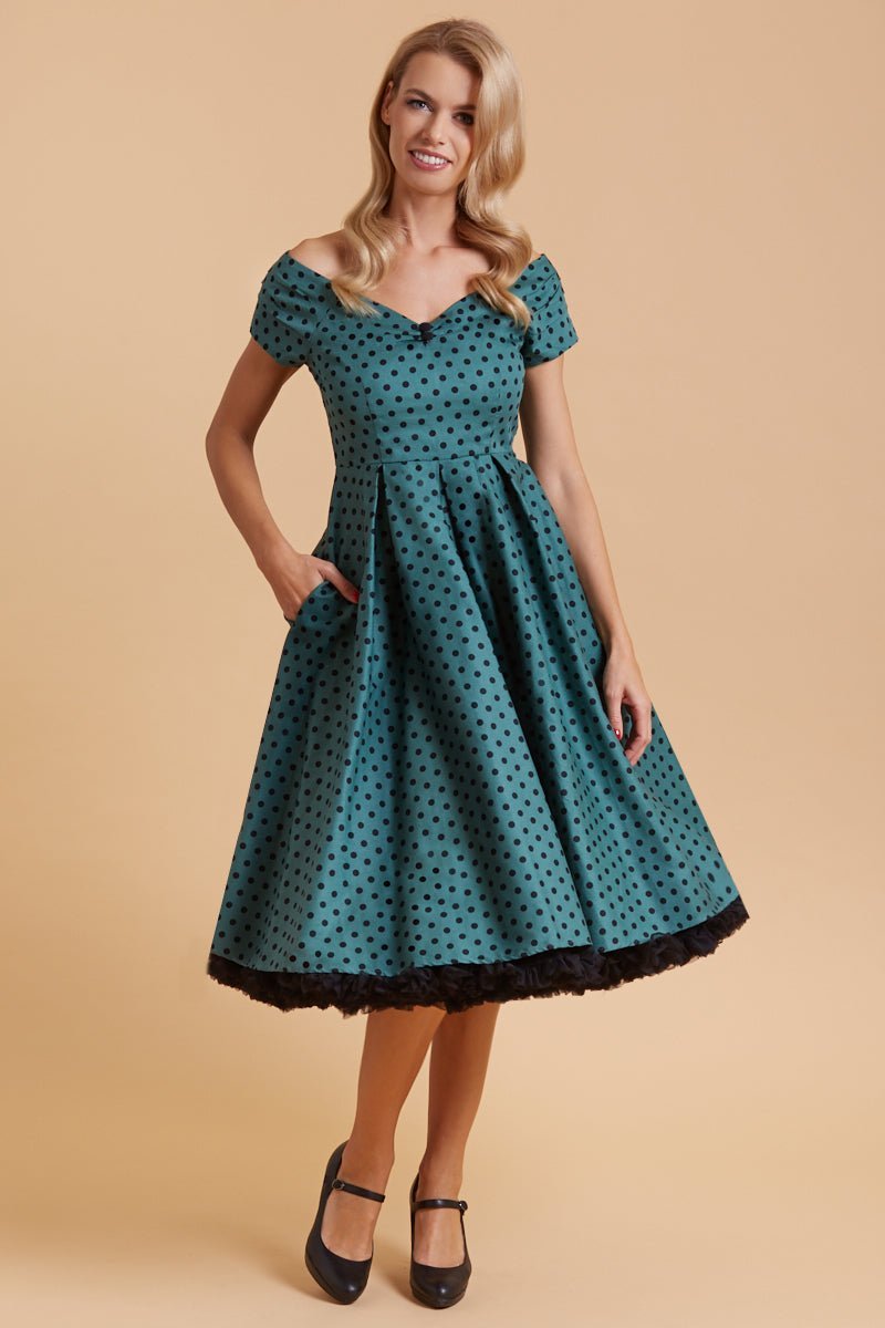 Retro Cotton Dark Green & Black Polka Dot Full Circle Dress front