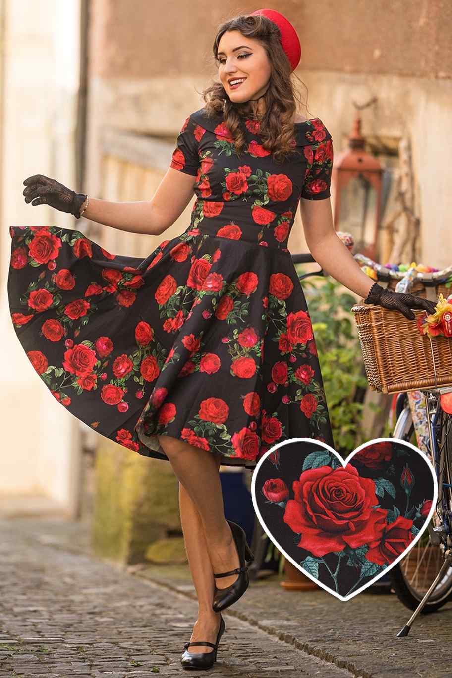Darlene Retro Red Rose Dress In Black