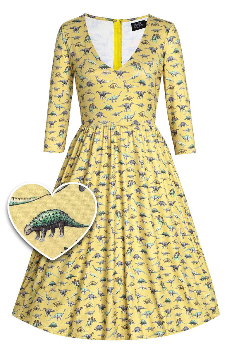 Front view of Dinosaur Yellow Long Sleeved Dress