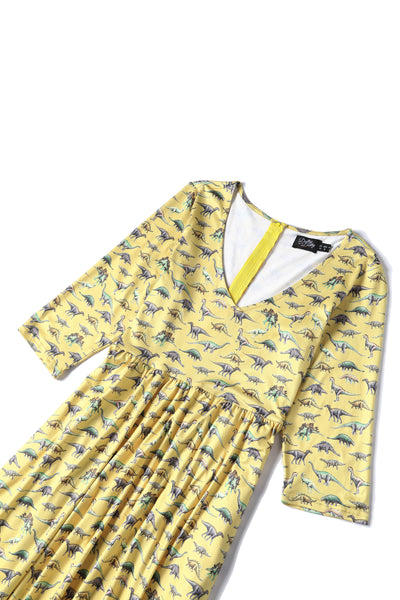 Close up view of Dinosaur Yellow Long Sleeved Dress
