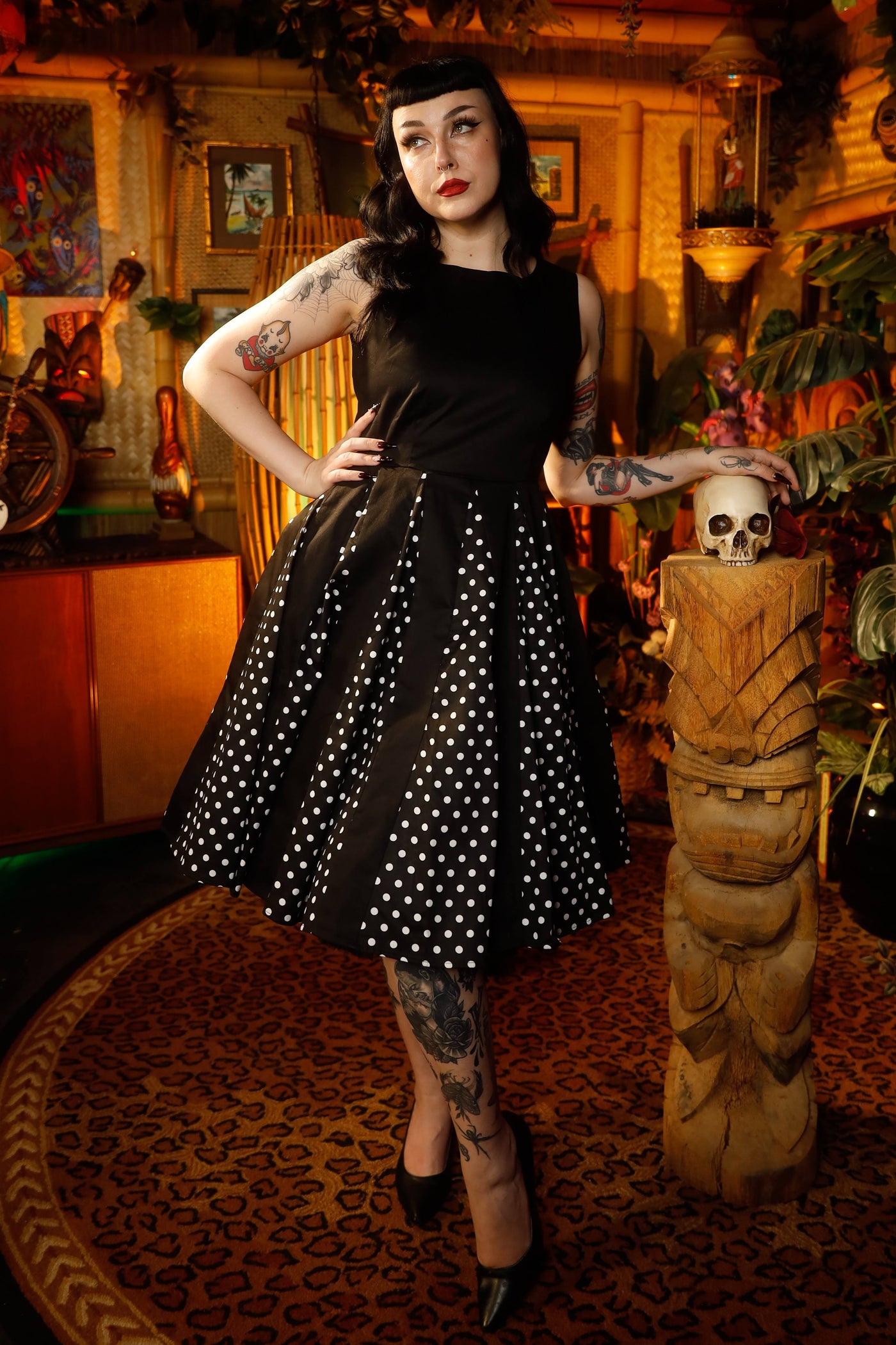 Judith Retro Pleated Black Polka Dot Dress