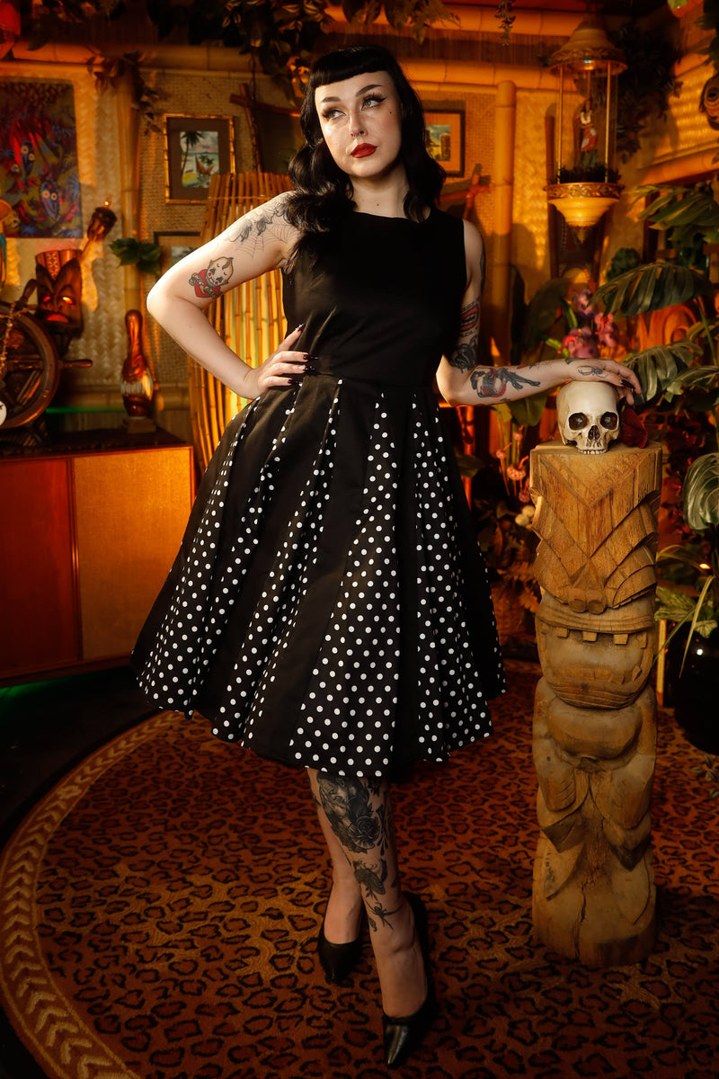 Judith Retro Pleated Black Polka Dot Dress | 50s-Inspired Swing Dress Judith Retro Pleated Black Polka Dot Dress | 50s-Inspired Swing Dress