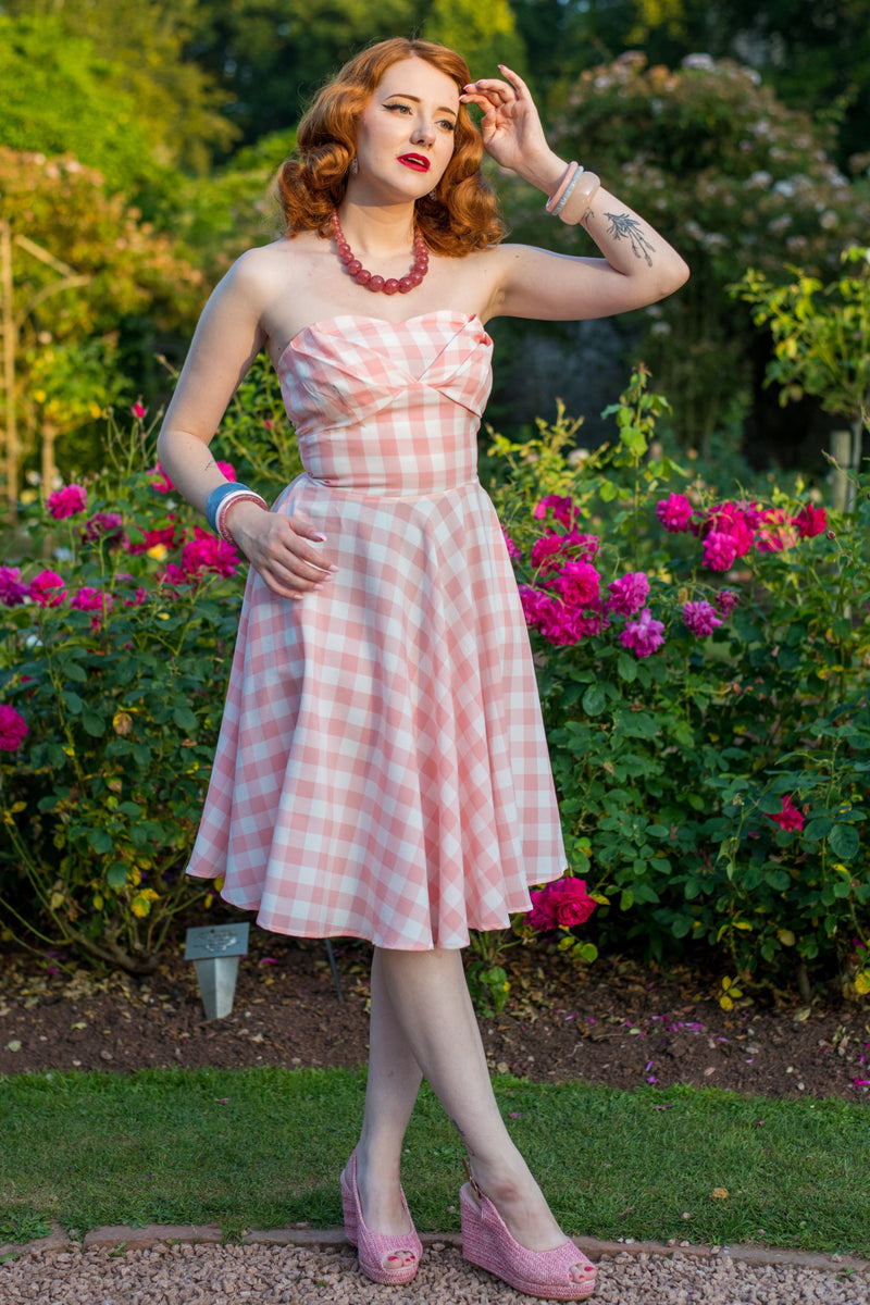 strapless open back dress Melissa Retro Pink Gingham Check Dress