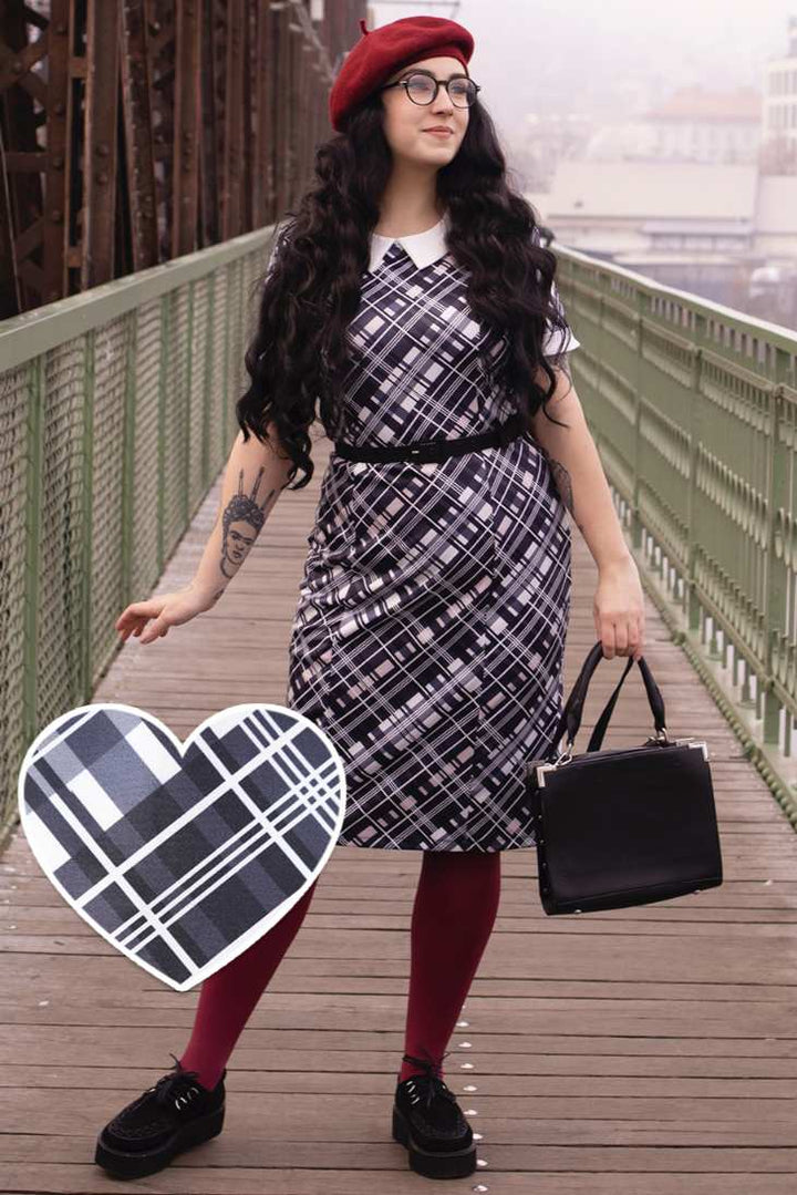 Toni Black Checkered Wiggle Collar Dress