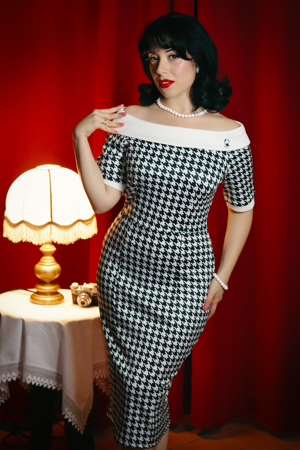 Valerie Houndstooth Fitted Off Shoulder Dress